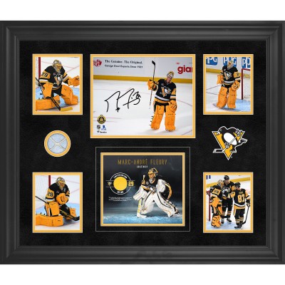 Marc-Andre Fleury Pittsburgh Penguins Autographed Fanatics Authentic Framed 20 x 24 Return to Pittsburgh Collage with a Piece of Game-Used Net vs. Columbus Blue Jackets on September 27, 2025 - Limited Edition of 99