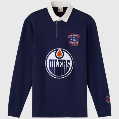 Edmonton Oilers OVO x NHL Navy YD Striped Rugby Polo