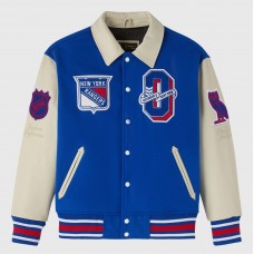 New York Rangers OVO x NHL Blue Full-Snap Varsity Jacket New York Rangers OVO x NHL Blue Full-Snap Varsity Jacket