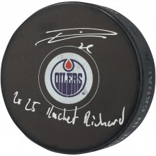 Leon Draisaitl Edmonton Oilers Autographed Fanatics Authentic Hockey Puck with 2025 Rocket Richard Inscription
