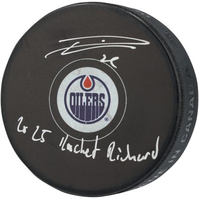 Leon Draisaitl Edmonton Oilers Autographed Fanatics Authentic Hockey Puck with 2025 Rocket Richard Inscription