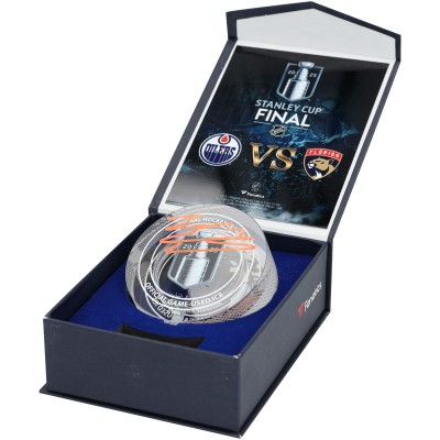 Evan Bouchard Edmonton Oilers Autographed Fanatics Authentic 2025 Stanley Cup Final Match-Up Crystal Puck - Filled with Ice from the 2025 Stanley Cup Final