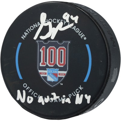 Gabe Perreault New York Rangers Autographed Fanatics Authentic 100th Anniversary Season Official Game Puck with No Quit in NY Inscription