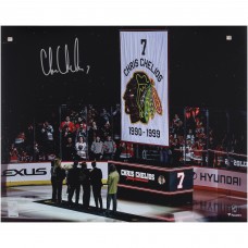 Chris Chelios Chicago Blackhawks Autographed Fanatics Authentic 16 x 20 Jersey Retirement Night Photograph
