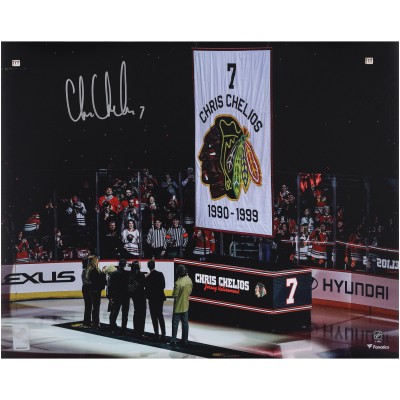 Chris Chelios Chicago Blackhawks Autographed Fanatics Authentic 16 x 20 Jersey Retirement Night Photograph