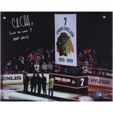 Chris Chelios Chicago Blackhawks Autographed Fanatics Authentic 16 x 20 Jersey Retirement Night Photograph with Multiple Inscriptions - Limited Edition #1/10