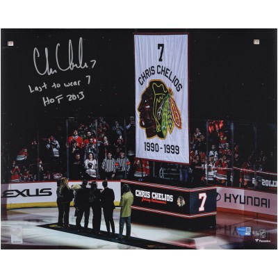 Chris Chelios Chicago Blackhawks Autographed Fanatics Authentic 16 x 20 Jersey Retirement Night Photograph with Multiple Inscriptions - Limited Edition of 10