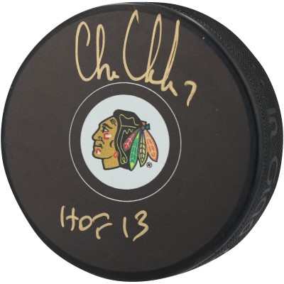 Chris Chelios Chicago Blackhawks Autographed Fanatics Authentic Hockey Puck with HOF 13 Inscription