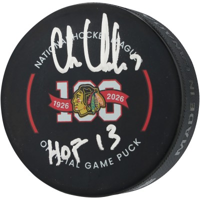 Chris Chelios Chicago Blackhawks Autographed Fanatics Authentic 100th Anniversary Official Game Puck with HOF 13 Inscription