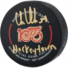 Chris Chelios Detroit Red Wings Autographed Fanatics Authentic 100th Anniversary Official Game Puck with Hockeytown Inscription