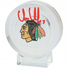 Chris Chelios Chicago Blackhawks Autographed Fanatics Authentic Crystal Puck - Filled with Game-Used Ice from the 2023-24 Season
