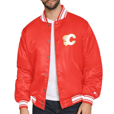 Calgary Flames Starter Red Triangle Satin Varsity Full-Snap Jacket