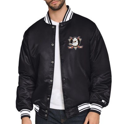 Anaheim Ducks Starter Black Triangle Satin Varsity Full-Snap Jacket