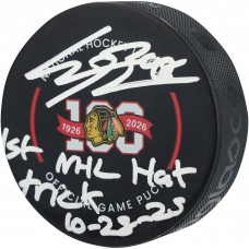 Connor Bedard Chicago Blackhawks Autographed Fanatics Authentic 100th Anniversary Official Game Puck with 1st NHL Hat Trick 10-28-25 Inscription Connor Bedard Chicago Blackhawks Autographed Fanatics Authentic 100th Anniversary Official Game Puck with 1st NHL Hat Trick 10-28-25 Inscription