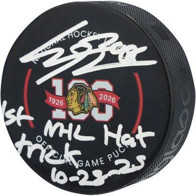 Connor Bedard Chicago Blackhawks Autographed Fanatics Authentic 100th Anniversary Official Game Puck with 1st NHL Hat Trick 10-28-25 Inscription