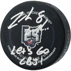 Zach Werenski Columbus Blue Jackets Autographed Fanatics Authentic 25th Anniversary Official Game Puck with Lets Go CBJ! Inscription Zach Werenski Columbus Blue Jackets Autographed Fanatics Authentic 25th Anniversary Official Game Puck with Lets Go CBJ! Inscription