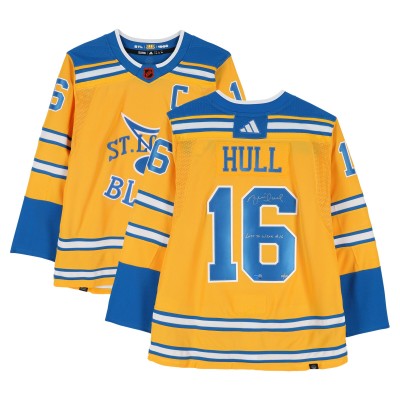 Brett Hull St. Louis Blues Autographed Fanatics Authentic 2022-23 Gold Reverse Retro adidas Jersey with Last to Wear #16 Inscription - Limited Edition #10/10