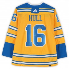 Brett Hull St. Louis Blues Autographed Fanatics Authentic 2022-23 Gold Reverse Retro adidas Jersey with Last to Wear #16 Inscription - Limited Edition #10/10