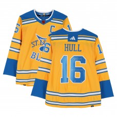 Brett Hull St. Louis Blues Autographed Fanatics Authentic 2022-23 Gold Reverse Retro adidas Jersey with Last to Wear #16 Inscription - Limited Edition #1/10
