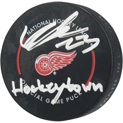Lucas Raymond Detroit Red Wings Autographed Fanatics Authentic Official Game Puck with Hockeytown Inscription