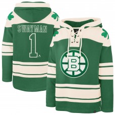 Boston Bruins Jeremy Swayman 47 Kelly Green St. Patricks Day Player Name & Number Lacer Pullover Hoodie
