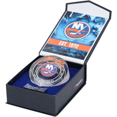 Mathew Barzal New York Islanders Autographed Fanatics Authentic Crystal Puck - Filled with Ice from the 2024-25 Season