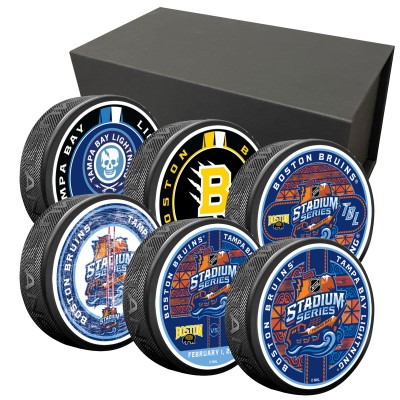 Boston Bruins vs. Tampa Bay Lightning 2026 NHL Stadium Series Six-Pack Hockey Puck Set