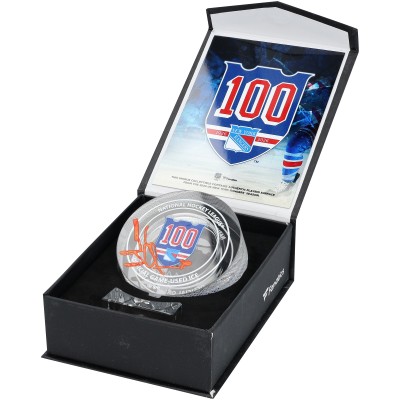 Henrik Lundqvist New York Rangers Autographed Fanatics Authentic 100th Anniversary Crystal Puck - Filled with Home Ice from the 2025-26 Season