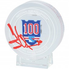 Henrik Lundqvist New York Rangers Autographed Fanatics Authentic 100th Anniversary Crystal Puck - Filled with Home Ice from the 2025-26 Season