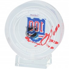 Henrik Lundqvist New York Rangers Autographed Fanatics Authentic 100th Anniversary Crystal Puck - Filled with Home Ice from the 2025-26 Season
