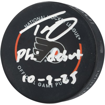 Trevor Zegras Philadelphia Flyers Autographed Fanatics Authentic Official Game Puck with PHI Debut 10-9-25 Inscription