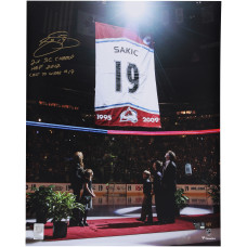 Joe Sakic Colorado Avalanche Autographed Fanatics Authentic 16 x 20 Jersey Retirement Ceremony Photograph with Multiple Inscriptions - Limited Edition #1/1 - Signed in Gold Ink Joe Sakic Colorado Avalanche Autographed Fanatics Authentic 16 x 20 Jersey Retirement Ceremony Photograph with Multiple Inscriptions - Limited Edition #1/1 - Signed in Gold Ink