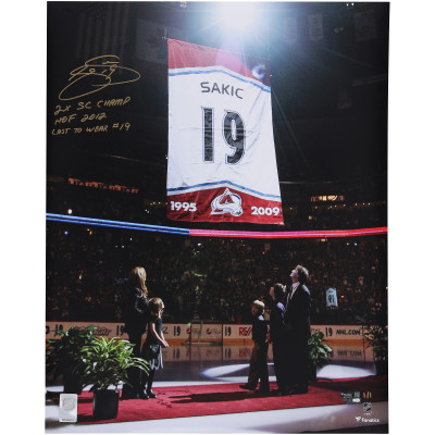 Joe Sakic Colorado Avalanche Autographed Fanatics Authentic 16 x 20 Jersey Retirement Ceremony Photograph with Multiple Inscriptions - Limited Edition #1/1 - Signed in Gold Ink