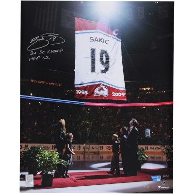 Joe Sakic Colorado Avalanche Autographed Fanatics Authentic 16 x 20 Jersey Retirement Ceremony Photograph with Multiple Inscriptions - Limited Edition #10/10