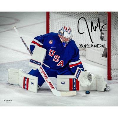 Jeremy Swayman Team USA Autographed Fanatics Authentic 16 x 20 2026 Winter Olympics Gold Medal Winner Photograph with 26 Gold Medal Inscription