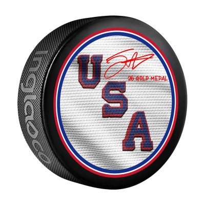 Jack Eichel Team USA Autographed Fanatics Authentic 2026 Winter Olympics Hockey Puck with 26 Gold Medal Inscription