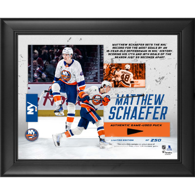 Matthew Schaefer New York Islanders Fanatics Authentic Framed 13 x 16 NHL Record Most Goals By An 18-Year-Old Defenseman Collage with a Piece of Game-Used Puck - Limited Edition of 250