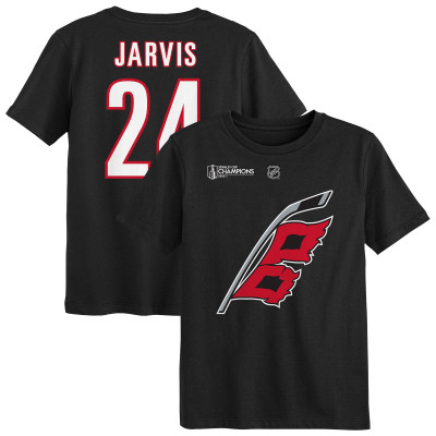 Футболка Preschool Carolina Hurricanes Seth Jarvis Outerstuff Black 2026 Stanley Cup Champions Name & Number