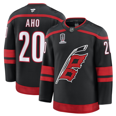 Джерси Carolina Hurricanes Sebastian Aho Fanatics Black 2026 Stanley Cup Champions Home Premium Patch