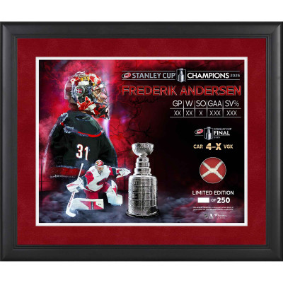 Коллаж Frederik Andersen Carolina Hurricanes Fanatics Authentic 2026 Stanley Cup Champions Framed 16 x 20 with a Piece of Game-Used Net from the 2026 Stanley Cup Final - Limited Edition of 250