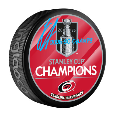 Шайба Logan Stankoven Carolina Hurricanes Autographed Fanatics Authentic 2026 Stanley Cup Champions with 2026 SC Champs' Inscription