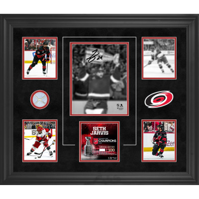 Seth Jarvis Carolina Hurricanes Autographed Fanatics Authentic 2026 Stanley Cup Champions Framed 20 x 24 Collage with a Piece of Game-Used Net from the 2026 Stanley Cup Final - Limited Edition of 100