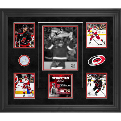 Sebastian Aho Carolina Hurricanes Autographed Fanatics Authentic 2026 Stanley Cup Champions Framed 20 x 24 Collage with a Piece of Game-Used Net from the 2026 Stanley Cup Final - Limited Edition of 100