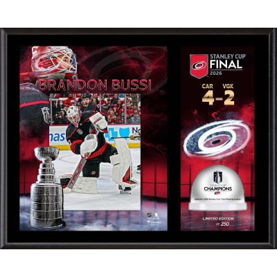 Плакетка Brandon Bussi Carolina Hurricanes Fanatics Authentic 2026 Stanley Cup Champions 12 x 15 Sublimated with Game-Used Ice from the 2026 Stanley Cup Final - Limited Edition of 250