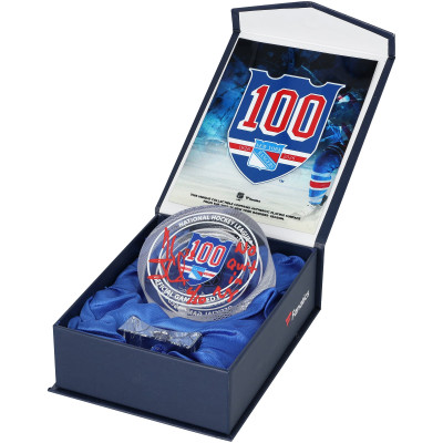 Шайба Henrik Lundqvist New York Rangers Autographed Fanatics Authentic 100th Anniversary Crystal with 'No Quit in NY' Inscription - Filled with Ice from the 2025-26 Season - Limited Edition of 10