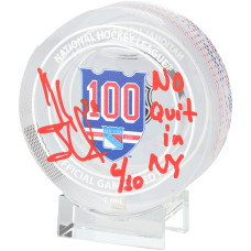 Шайба Henrik Lundqvist New York Rangers Autographed Fanatics Authentic 100th Anniversary Crystal with 'No Quit in NY' Inscription - Filled with Ice from the 2025-26 Season - Limited Edition of 10 Шайба Henrik Lundqvist New York Rangers Autographed Fanatics Authentic 100th Anniversary Crystal with 'No Quit in NY' Inscription - Filled with Ice from the 2025-26 Season - Limited Edition of 10