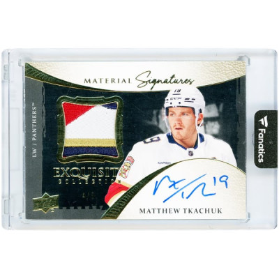Карточка Matthew Tkachuk Florida Panthers Autographed 2023-24 Upper Deck Exquisite Collection Quad-Color Game Used Relic #ESM-MT #4/5
