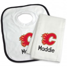 Calgary Flames Newborn &amp; Infant Personalized Bib &amp; Burp Cloth Set - White