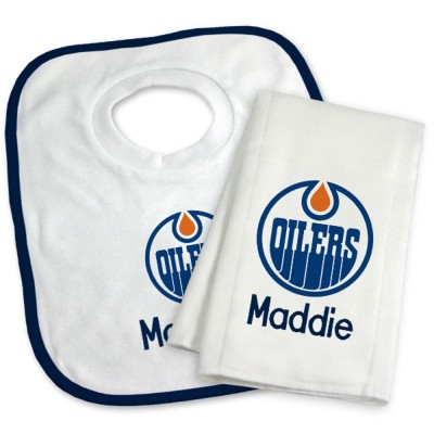 Edmonton Oilers Newborn & Infant Personalized Bib & Burp Cloth Set - White