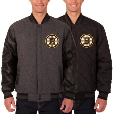 Boston Bruins JH Design Two Hit Wool &amp; Leather Reversible Jacket - Charcoal/Black - оригинальная атрибутика Бостон Брюинз